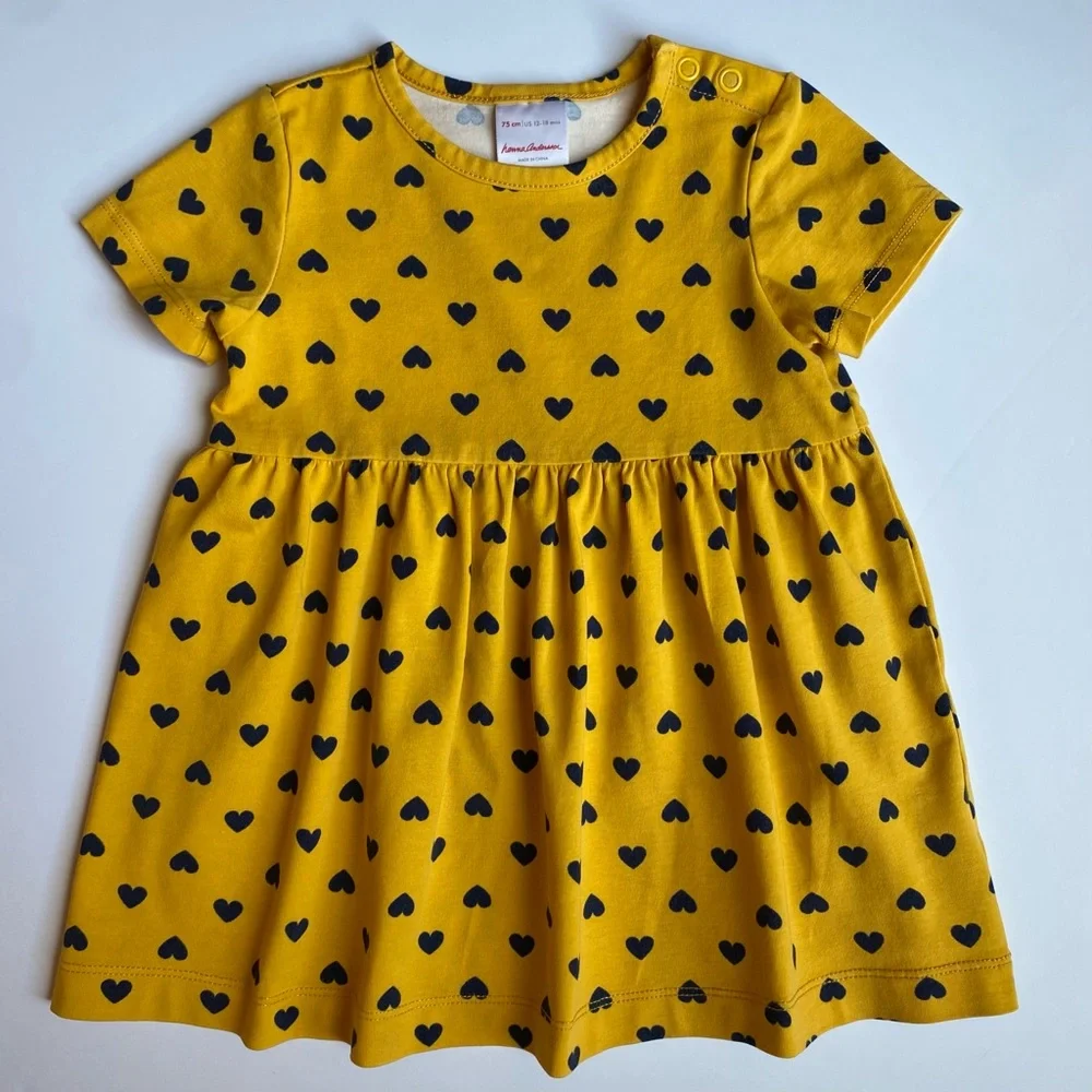 Hanna Andersson Dress Hearts Size 70 12 18 Months Yellow Blue Hearts Girls Soft